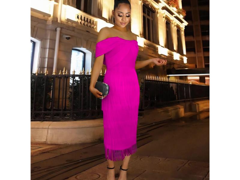 Midi Φούξια Φόρεμα Off Shoulder με Κρόσσια