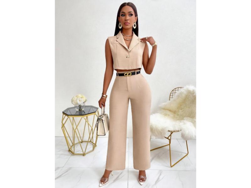 Σετ Cropped Αμάνικο Γιλέκο Με Ζώνη Και Παντελόνα Beige