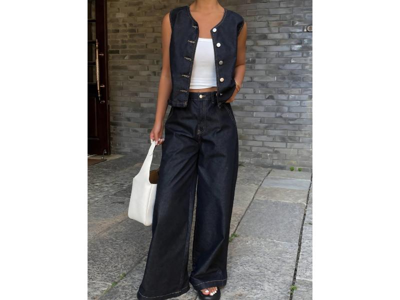 Σετ Denim Αμάνικο Γιλέκο Με Wide Leg Παντελόνα Dark Denim