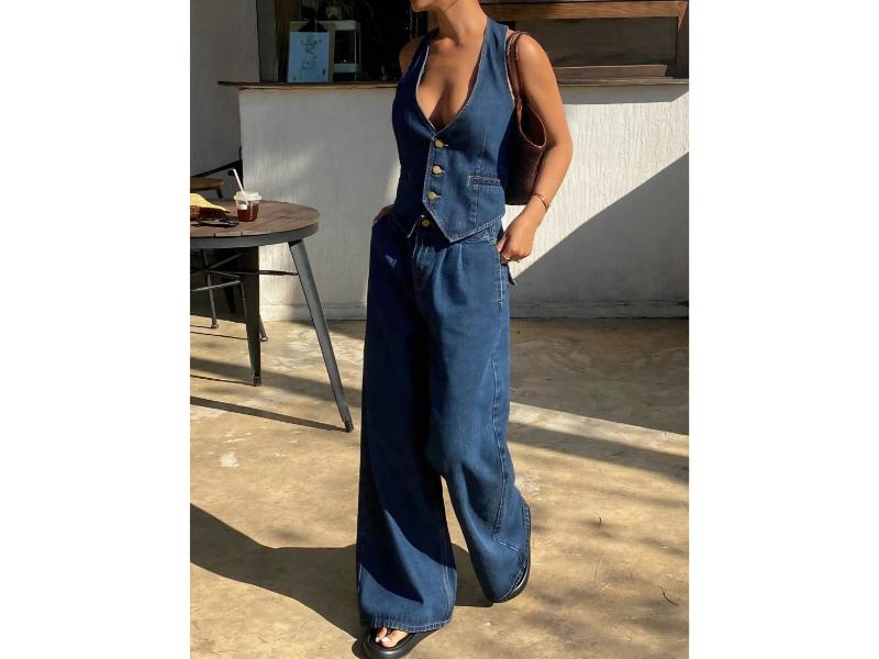 Σετ Denim Γιλέκο Με Κουμπιά Και Wide Leg Παντελόνα Dark Denim