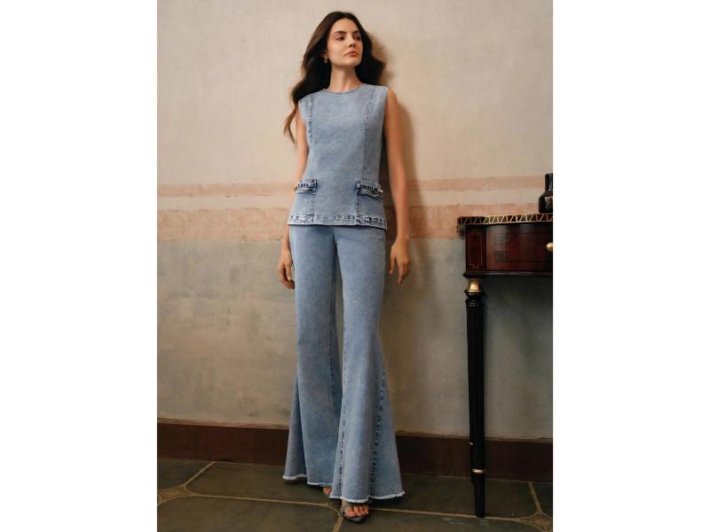 Σετ Denim Αμάνικο Top Με Τσέπες Και Wide Leg Παντελόνα Light Denim