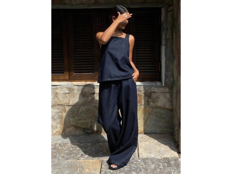 Σετ Denim Square Top Και Wide Leg Παντελόνα Dark Denim