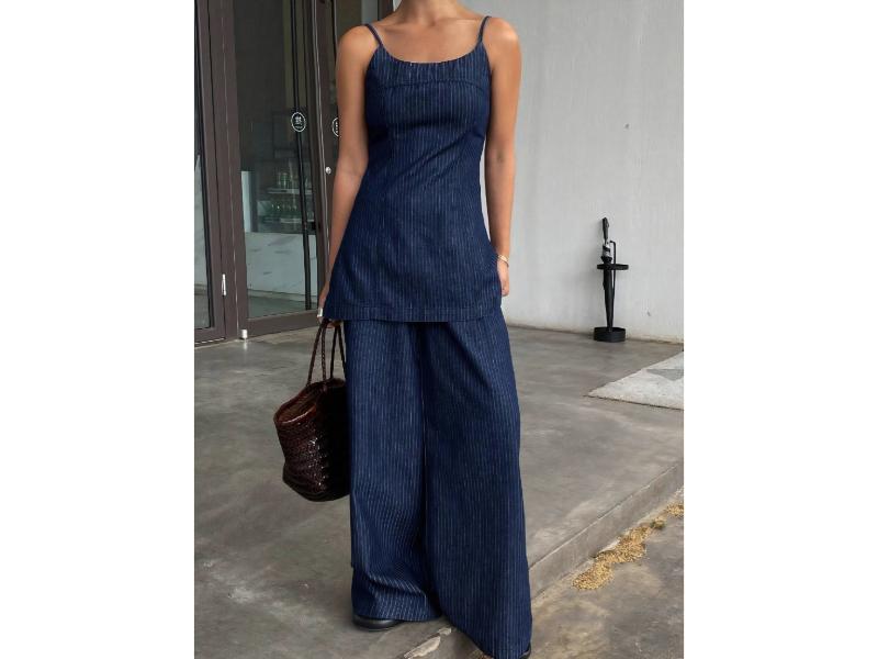 Σετ Denim Ριγέ Top Με Τιράντες Και Wide Leg Παντελόνα Dark Denim