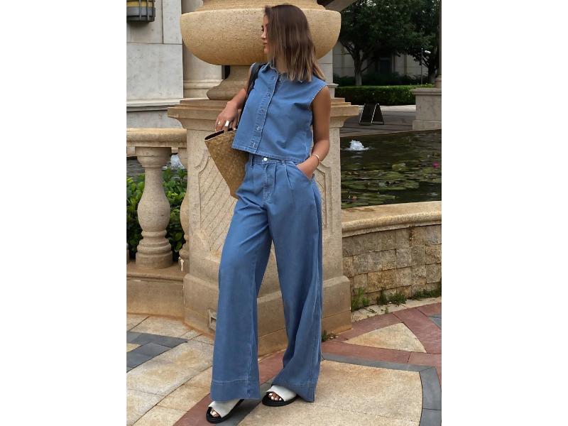 Σετ Denim Αμάνικο Πουκάμισο Και Wide Leg Παντελόνα Light Denim