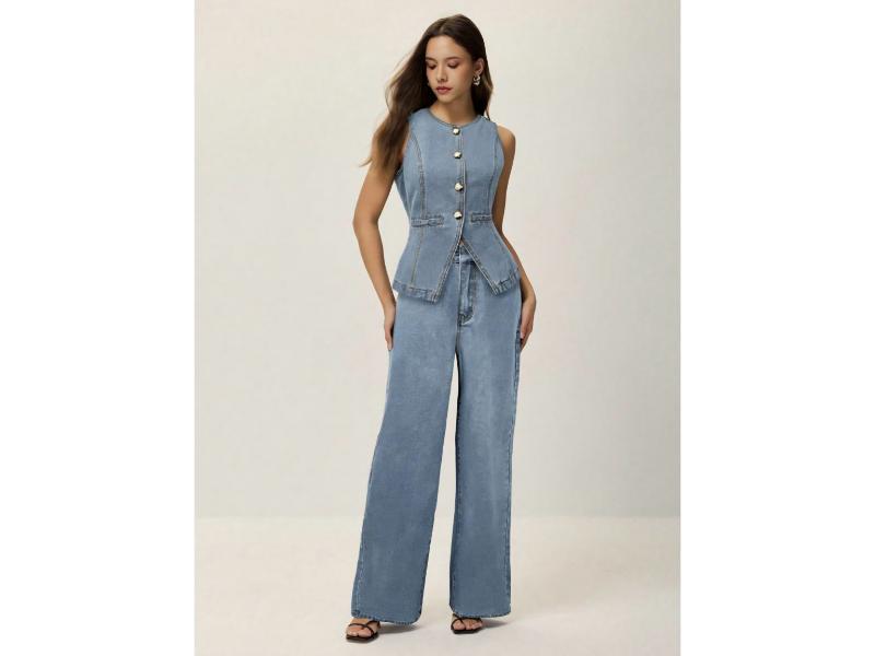 Σετ Denim Γιλέκο Με Κουμπιά Και Wide Leg Παντελόνα Blue Denim
