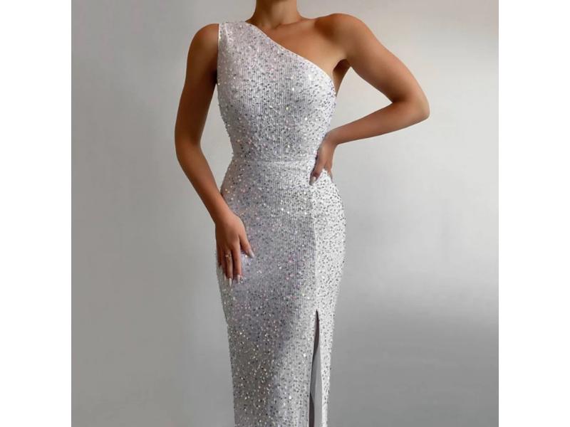 Maxi Φόρεμα One Shoulder Με Παγιέτες Και Σκίσιμο