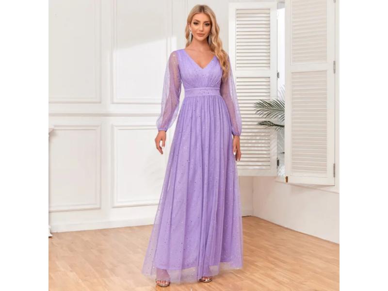 Maxi Φόρεμα Tulle Με Glitter Και Μακριά Μανίκια