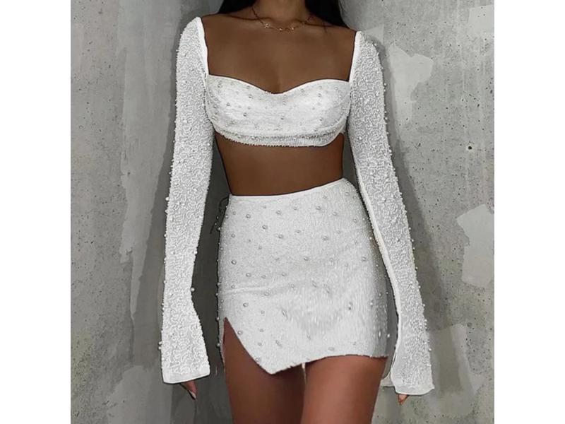 Σετ Crop Top Και Mini Φούστα Με Πέρλες