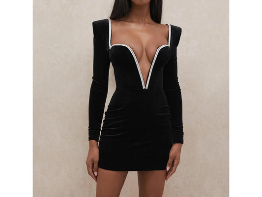 Mini Φόρεμα Velvet με Βαθύ Ντεκολτέ και Στρας