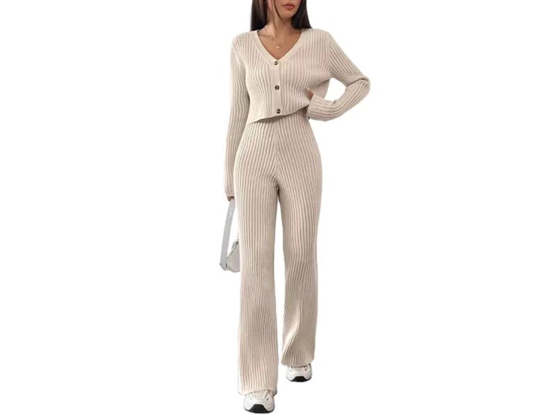 Πλεκτό Σετ Ribbed με Ζακέτα και Παντελόνι