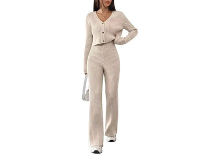 Πλεκτό Σετ Ribbed με Ζακέτα και Παντελόνι