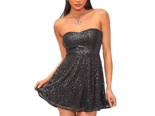 Μαύρο Strapless Mini Φόρεμα με Παγιέτες και Κορδόνι Πλάτης