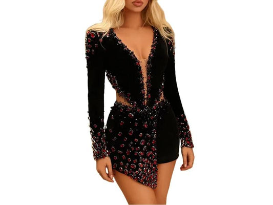 Mini Βελούδινο Φόρεμα με Κόκκινες Πέτρες