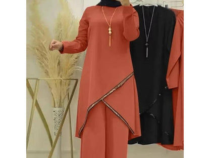 Σετ Ασύμμετρη Μπλούζα με Διακοσμητικό Τελείωμα και Παντελόνι