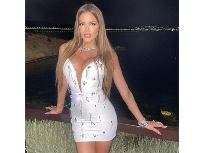 Λευκό Mini Φόρεμα με Στρας και Βαθύ Ντεκολτέ