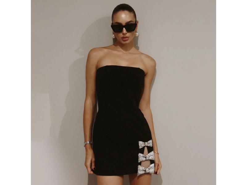 Μαύρο Strapless Mini Φόρεμα με Φιόγκους Στρας