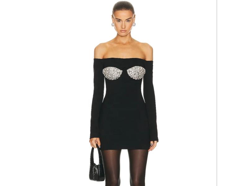 Mini Φόρεμα με Μακριά Μανίκια και Κρύσταλλα στο Μπούστο