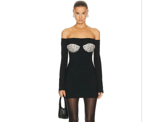 Mini Φόρεμα με Μακριά Μανίκια και Κρύσταλλα στο Μπούστο