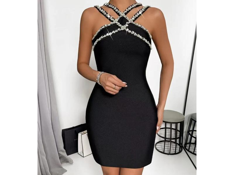 Μαύρο Mini Φόρεμα με Κρυστάλλινες Τιράντες