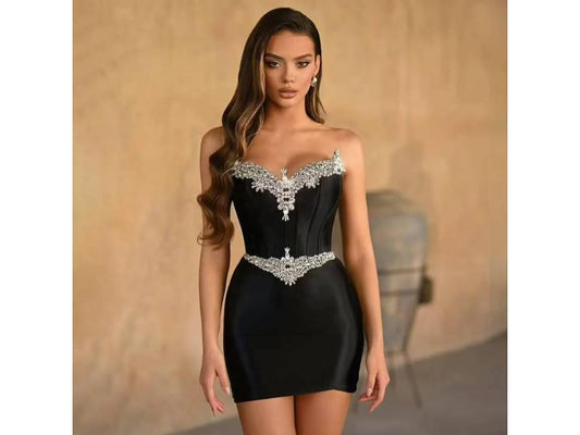 Mini Φόρεμα Bustier με Κρύσταλλα και Σατέν Υφή