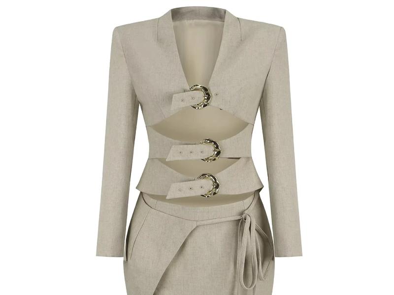 Beige Σετ Blazer με Αγκορά Ζώνες