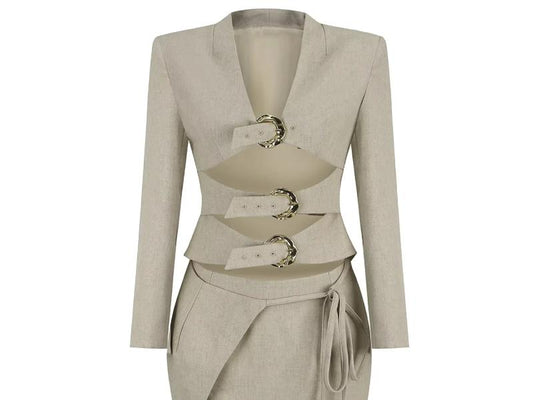 Beige Σετ Blazer με Αγκορά Ζώνες