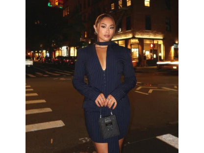 Μπλε Pinstripe Blazer Φόρεμα με Ενσωματωμένο Φουλάρι