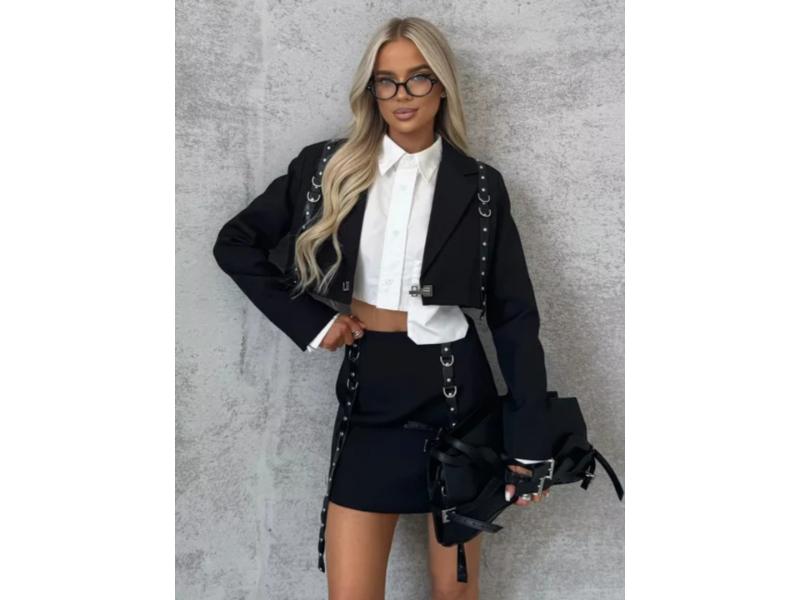 Σετ Blazer και Φούστα με Δερμάτινες Ζώνες