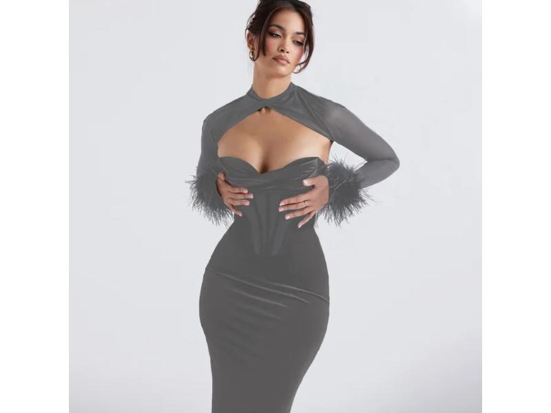 Maxi Φόρεμα Βελούδινο με Bustier και Φτερά