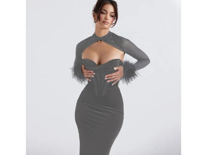 Maxi Φόρεμα Βελούδινο με Bustier και Φτερά