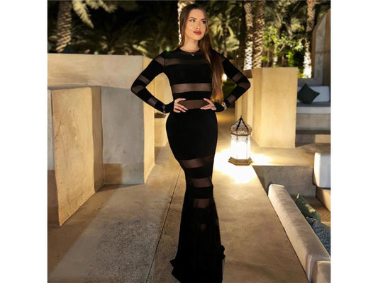 Maxi Διάφανο Φόρεμα με Sheer Λεπτομέρειες και Μακριά Μανίκια