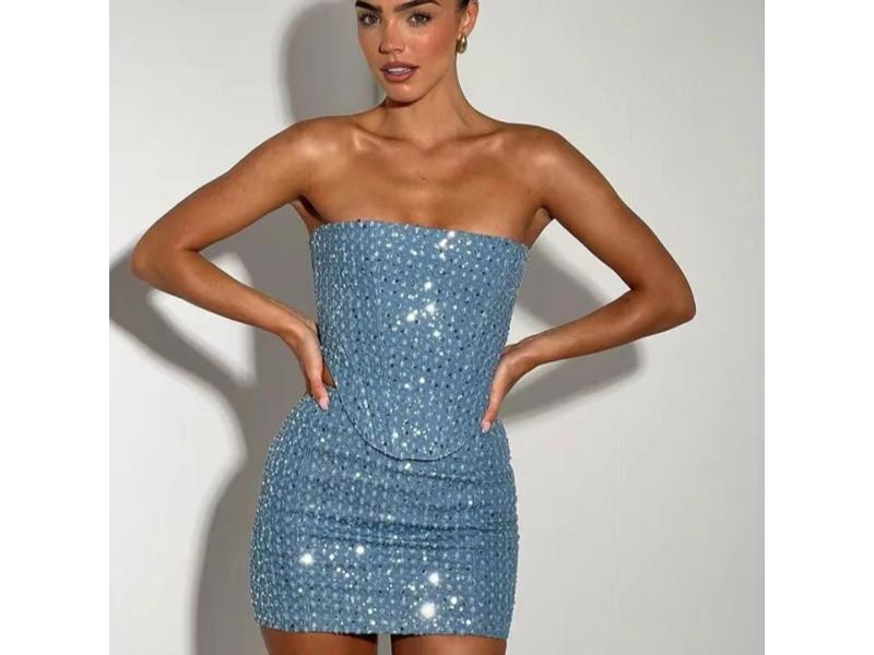 Σετ Strapless Κορσές και Μίνι Φούστα με Λάμψη