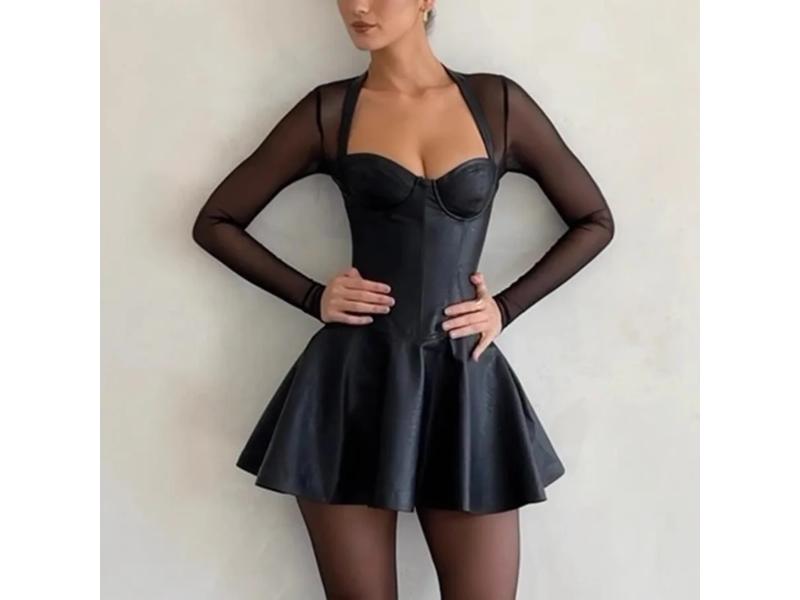 Mini Φόρεμα με Δερμάτινη Όψη και Διαφανή Μανίκια
