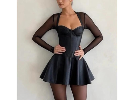 Mini Φόρεμα με Δερμάτινη Όψη και Διαφανή Μανίκια