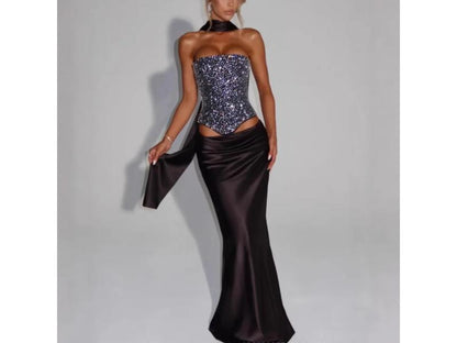 Maxi Φόρεμα με Κορσέ Στρας και Σατέν Φούστα