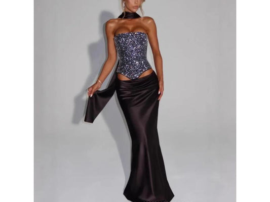 Maxi Φόρεμα με Κορσέ Στρας και Σατέν Φούστα