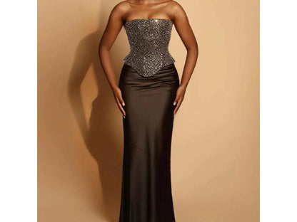 Maxi Φόρεμα με Κορσέ Στρας και Σατέν Φούστα