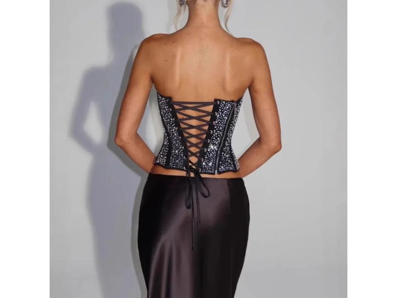 Maxi Φόρεμα με Κορσέ Στρας και Σατέν Φούστα