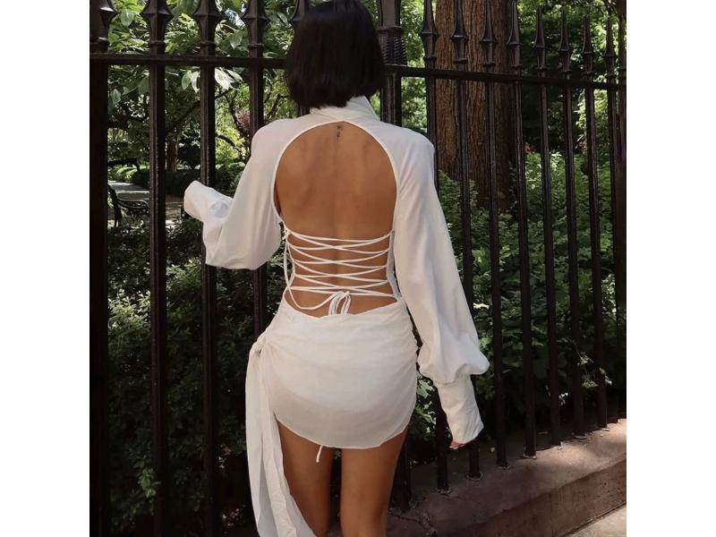 Mini Φόρεμα Πουκάμισο με Ανοιχτή Πλάτη και Δέσιμο