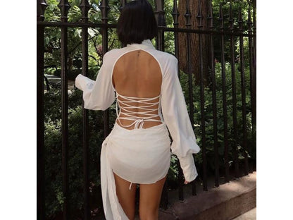 Mini Φόρεμα Πουκάμισο με Ανοιχτή Πλάτη και Δέσιμο