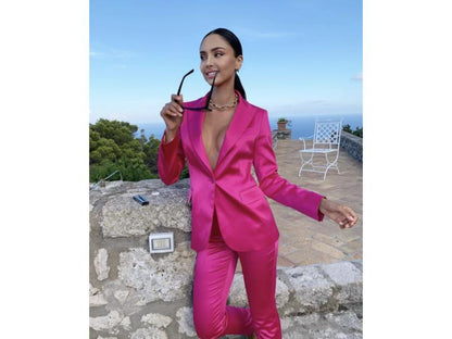 Φούξια Σατέν Κοστούμι με Σακάκι και Παντελόνι