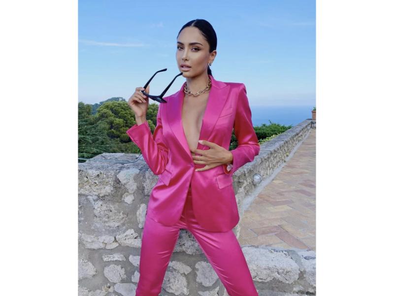 Φούξια Σατέν Κοστούμι με Σακάκι και Παντελόνι