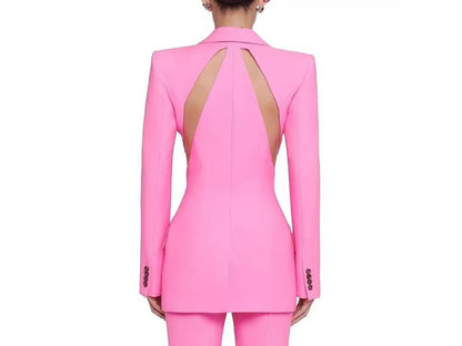 Ροζ Κοστούμι με Blazer Cut-Out και Ψηλόμεσο Παντελόνι