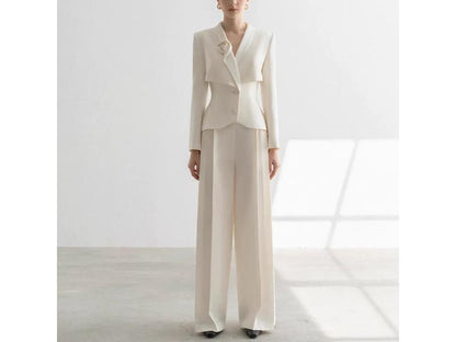 Ιβουάρ Κοστούμι με Blazer και Παντελόνι Wide-Leg