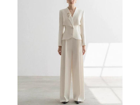 Ιβουάρ Κοστούμι με Blazer και Παντελόνι Wide-Leg
