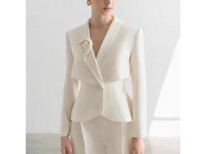 Ιβουάρ Κοστούμι με Blazer και Παντελόνι Wide-Leg