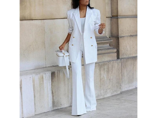 Λευκό Σετ Blazer με Κουμπιά και Παντελόνι Καμπάνα