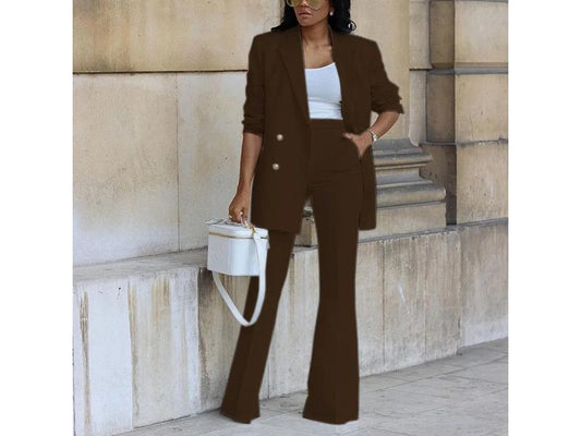 Καφέ Σετ Blazer με Κουμπιά και Παντελόνι Καμπάνα
