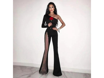Μαύρη Ολόσωμη Φόρμα με Ένα Μανίκι και Rhinestones