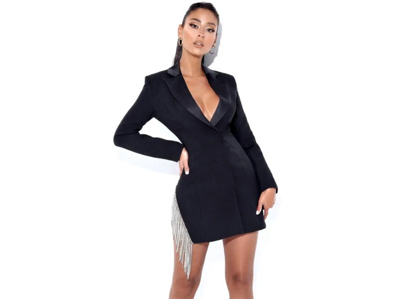 Mini Blazer Φόρεμα με Κρόσσια Strass